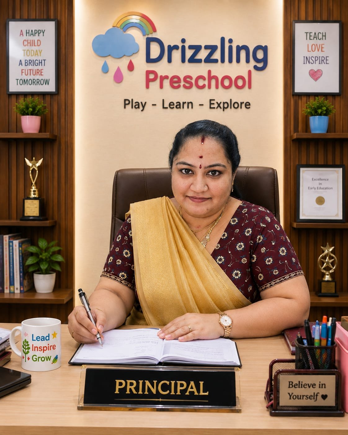 K. Radhika, Founder & Principal of Drizzling Preschool, at her desk